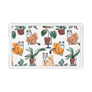 Line art drawing cats and flowers acrylic tray