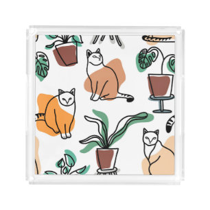 Line art drawing cats and flowers acrylic tray