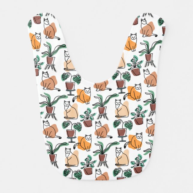 Line art drawing cats and flowers baby bib (Front)