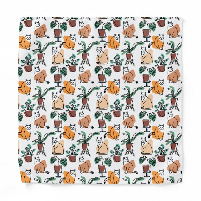 Line art drawing cats and flowers bandana (Front)