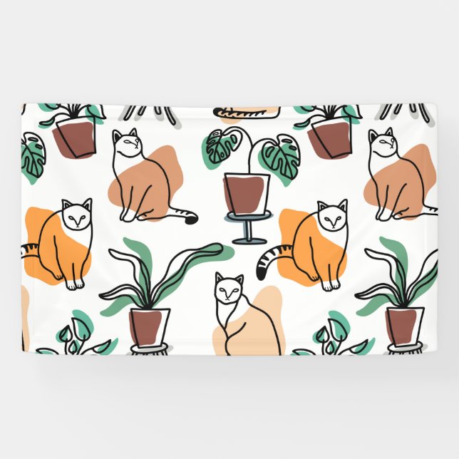 Line art drawing cats and flowers banner (Horizontal)