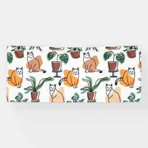 Line art drawing cats and flowers banner