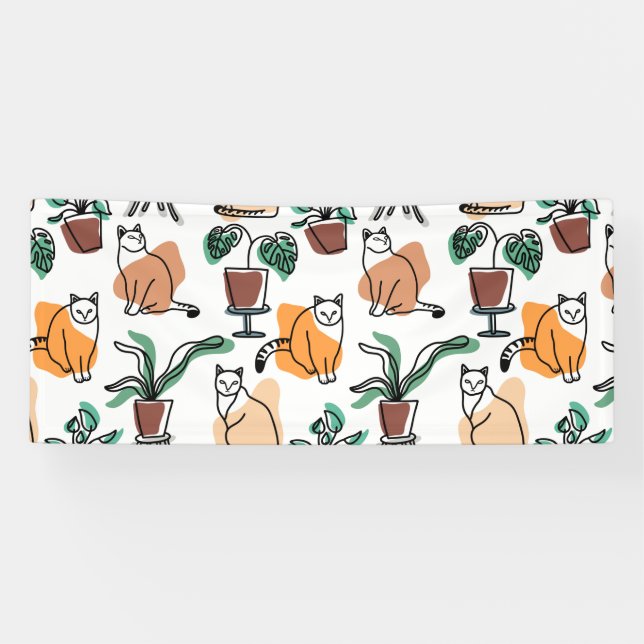 Line art drawing cats and flowers banner (Horizontal)