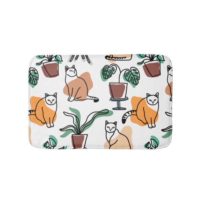 Line art drawing cats and flowers bath mat (Front)