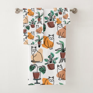 Line art drawing cats and flowers bath towel set