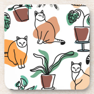 Line art drawing cats and flowers beverage coaster