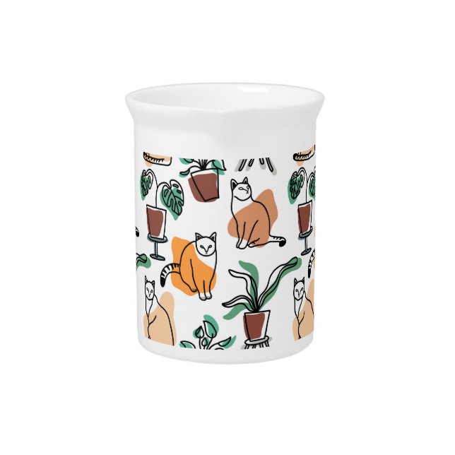 Line art drawing cats and flowers beverage pitcher (Front)