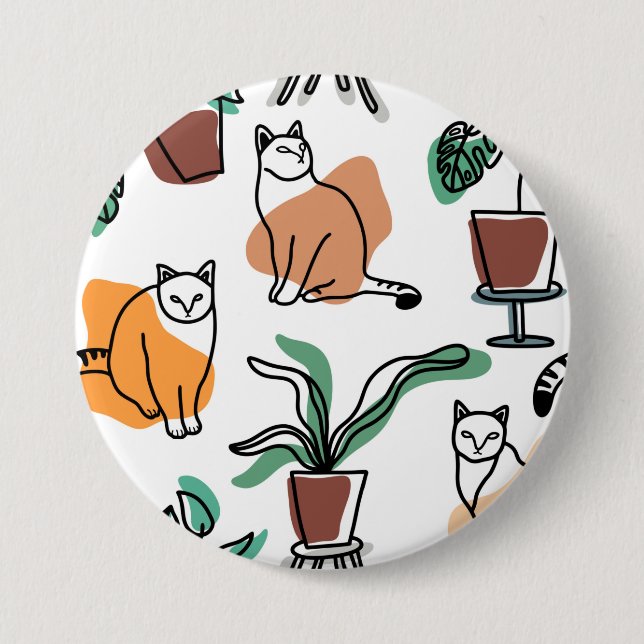 Line art drawing cats and flowers button (Front)