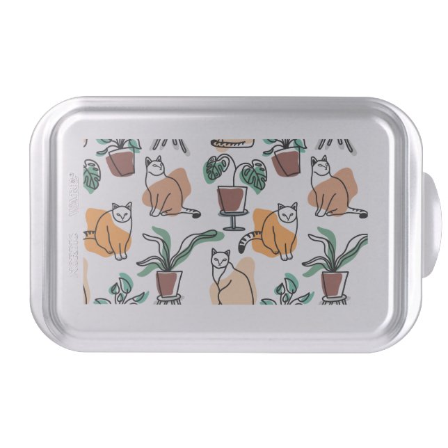 Line art drawing cats and flowers cake pan (Front)