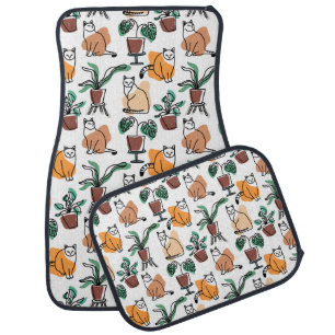Line art drawing cats and flowers car floor mat
