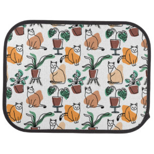 Line art drawing cats and flowers car floor mat