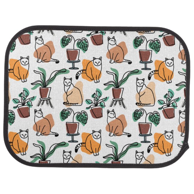 Line art drawing cats and flowers car floor mat (Rear)