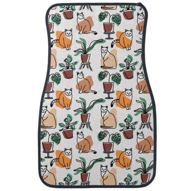 Line art drawing cats and flowers car floor mat (Front)