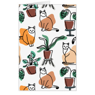 Line art drawing cats and flowers card