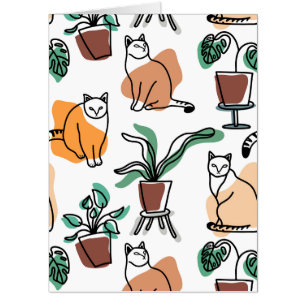 Line art drawing cats and flowers card