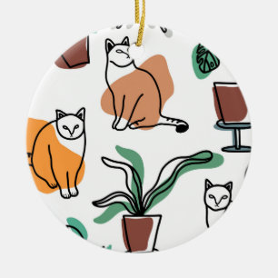 Line art drawing cats and flowers ceramic ornament