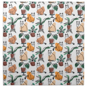 Line art drawing cats and flowers cloth napkin