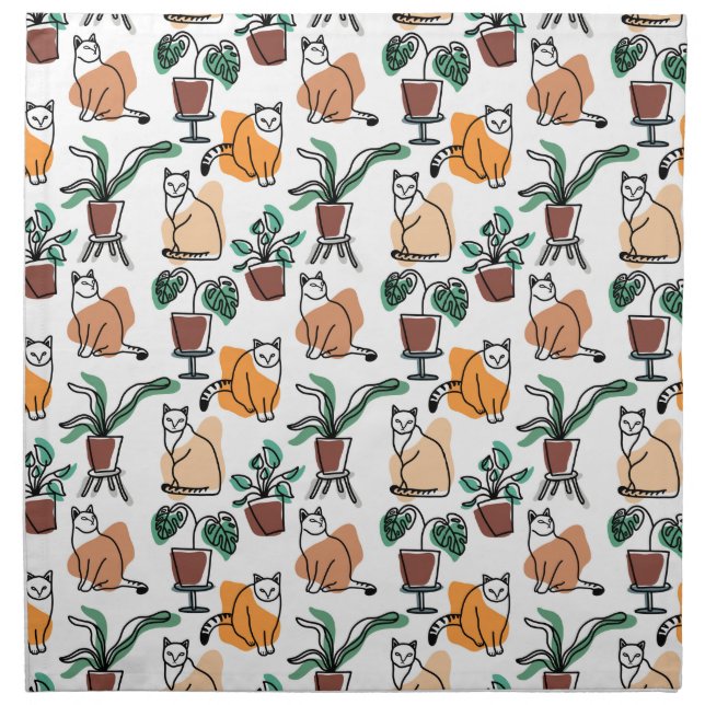 Line art drawing cats and flowers cloth napkin (Front)