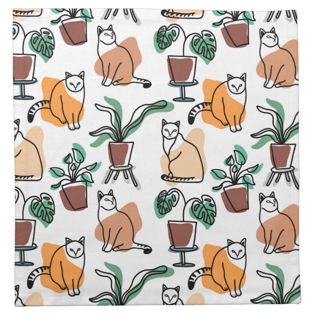 Line art drawing cats and flowers cloth napkin (Front)