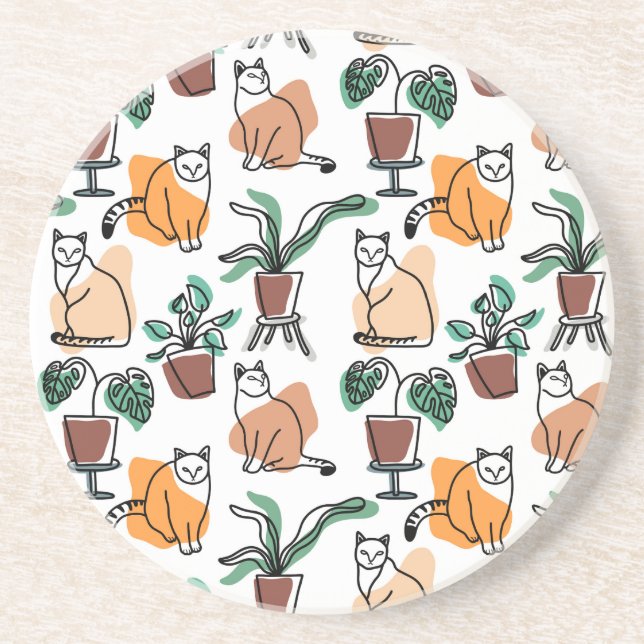 Line art drawing cats and flowers coaster (Front)