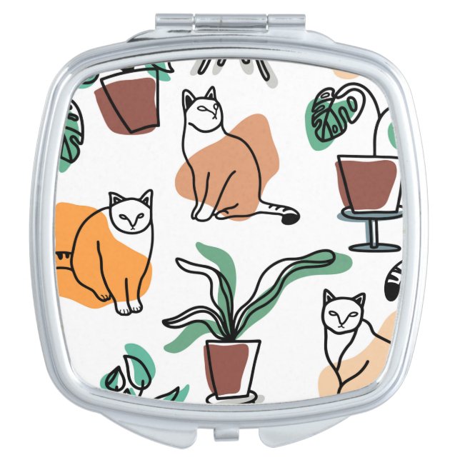 Line art drawing cats and flowers compact mirror (Front)