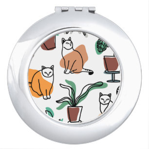 Line art drawing cats and flowers compact mirror
