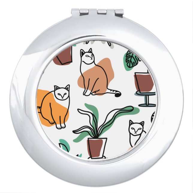 Line art drawing cats and flowers compact mirror (Front)