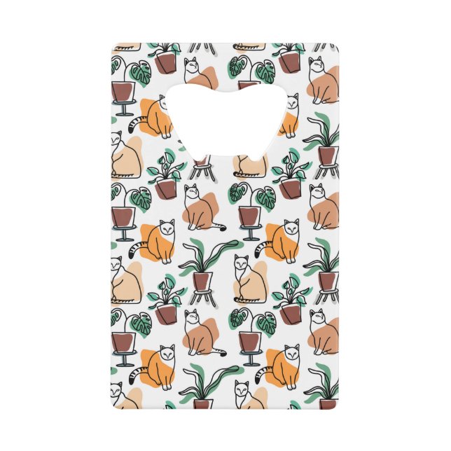 Line art drawing cats and flowers credit card bottle opener (Front)
