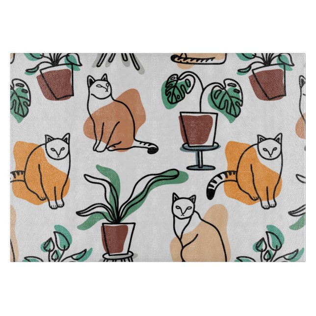 Line art drawing cats and flowers cutting board (Front)