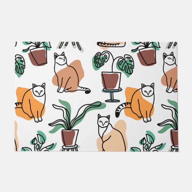 Line art drawing cats and flowers doormat (Front)