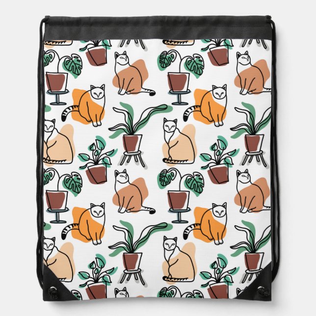 Line art drawing cats and flowers drawstring bag (Front)