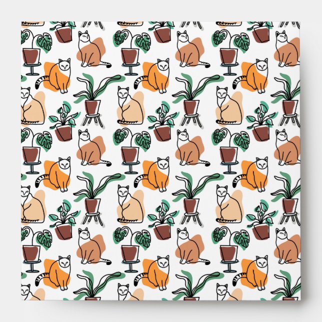 Line art drawing cats and flowers envelope (Front)