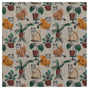 Line art drawing cats and flowers fabric