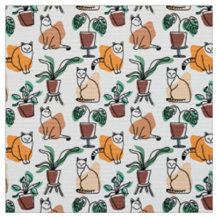 Line art drawing cats and flowers fabric