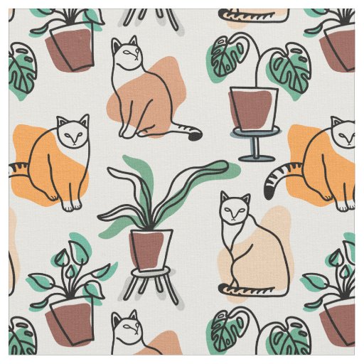 Line art drawing cats and flowers fabric