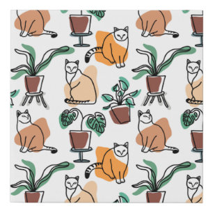 Line art drawing cats and flowers faux canvas print