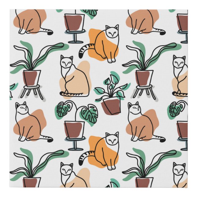 Line art drawing cats and flowers faux canvas print (Front)