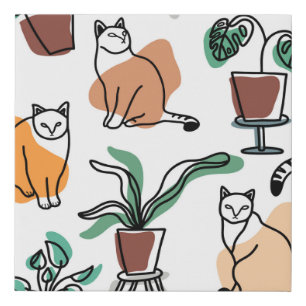 Line art drawing cats and flowers faux canvas print