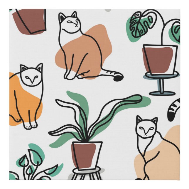 Line art drawing cats and flowers faux canvas print (Front)