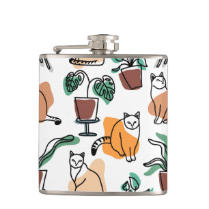 Line art drawing cats and flowers flask