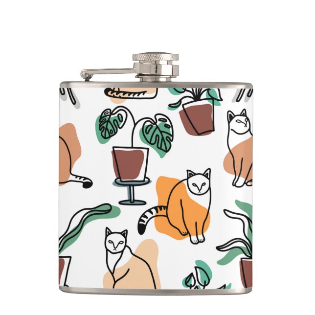 Line art drawing cats and flowers flask (Front)