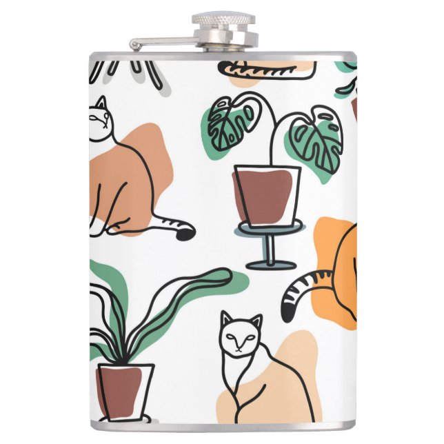 Line art drawing cats and flowers flask (Front)