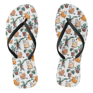Line art drawing cats and flowers flip flops