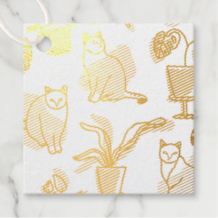 Line art drawing cats and flowers foil favor tags