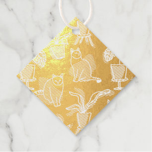 Line art drawing cats and flowers foil favor tags