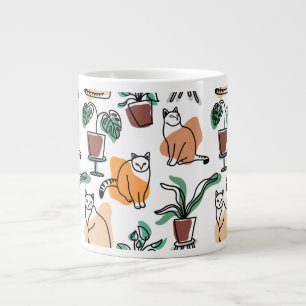 Line art drawing cats and flowers giant coffee mug