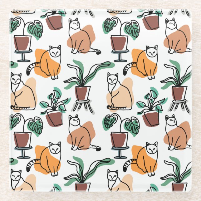 Line art drawing cats and flowers glass coaster (Front)