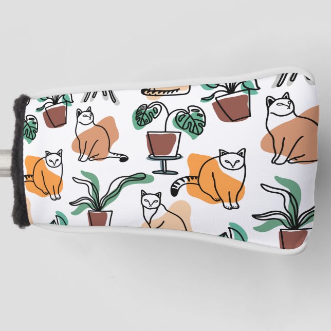 Line art drawing cats and flowers golf head cover (Front)