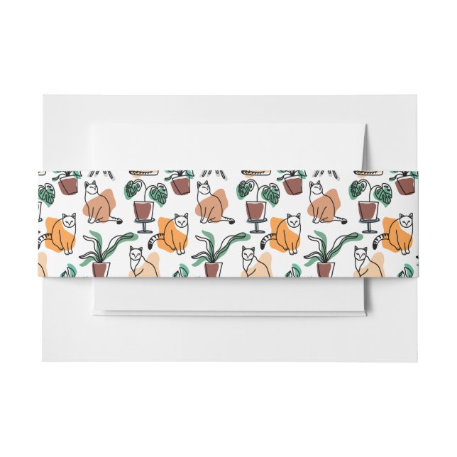 Line art drawing cats and flowers invitation belly band (Front Example)