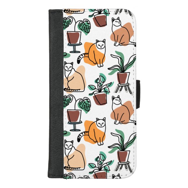 Line art drawing cats and flowers iPhone wallet case (Front)